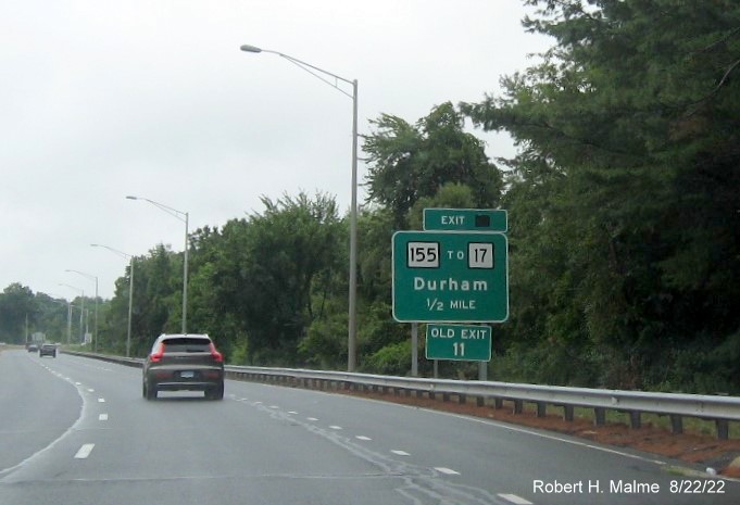 Image of 1 mile advance overhead sign for CT 155 exit with new Old Exit sign in front on CT 9 South in Durham, August 2022