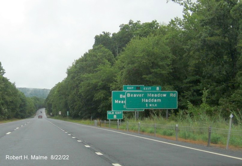 Image of new 1 mile advance sign for Beaver Meadow Road exit with future milepost exit covered up and Old Exit 8 sign below on CT 9 South in Haddam, August 2022