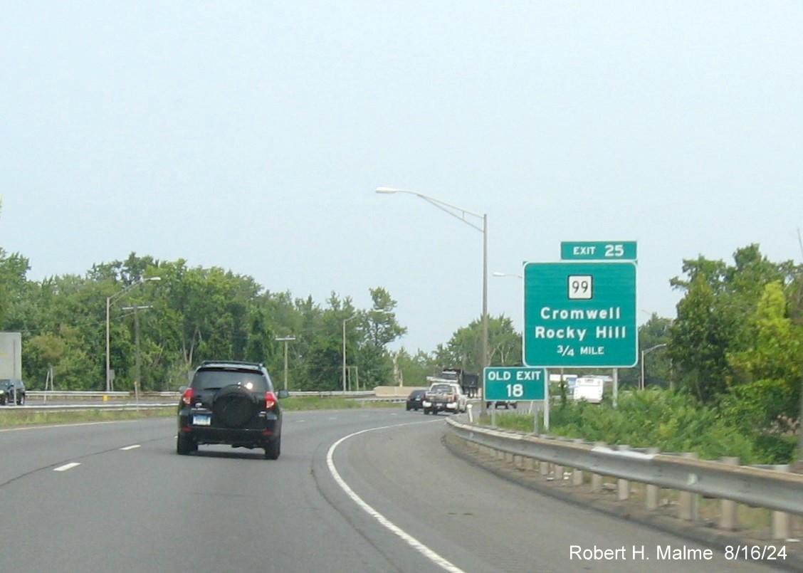 Image of 1/2 Mile advance sign for CT 99 exit with new milepost based exit number and separate Old Exit 18 
      sign in front on CT 9 North in Middletown, August 2024