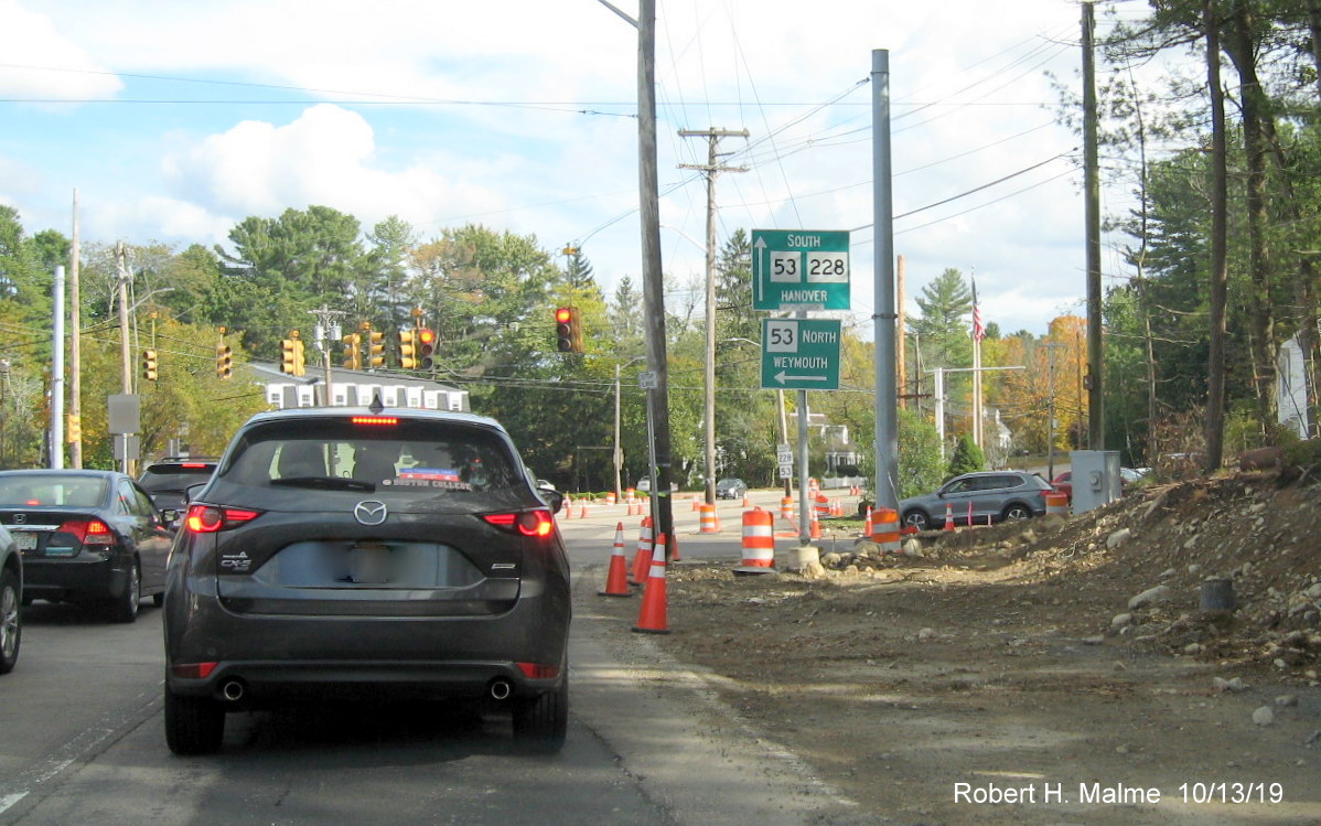 Image of clearing for widening of Derby Street at intersection with Gardner and Whiting Streets (MA 53) in Hingham in Oct. 2019