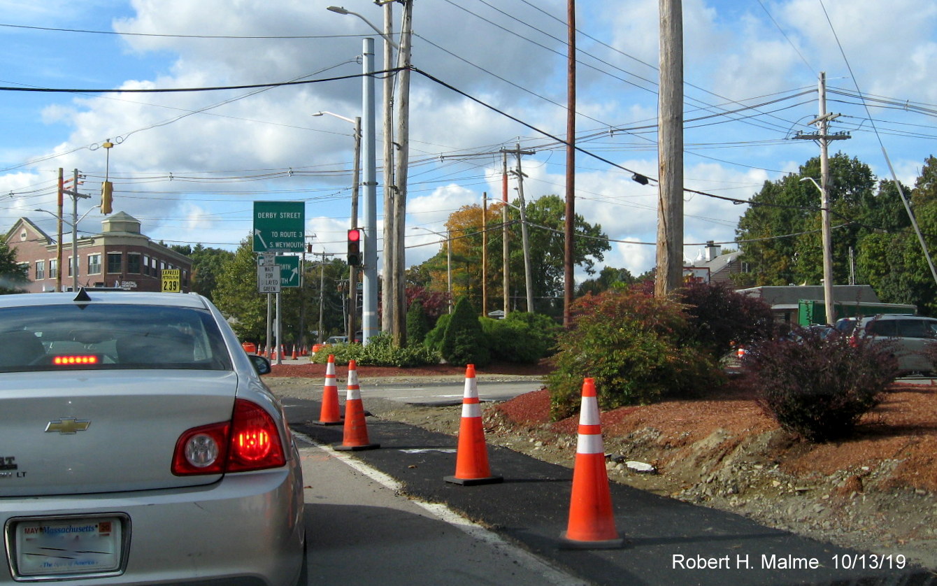 Image of new pavement at widened portion of Whiting Street/MA 53 North at Derby and Gardner Street intersection in Hingham in Oct. 2019