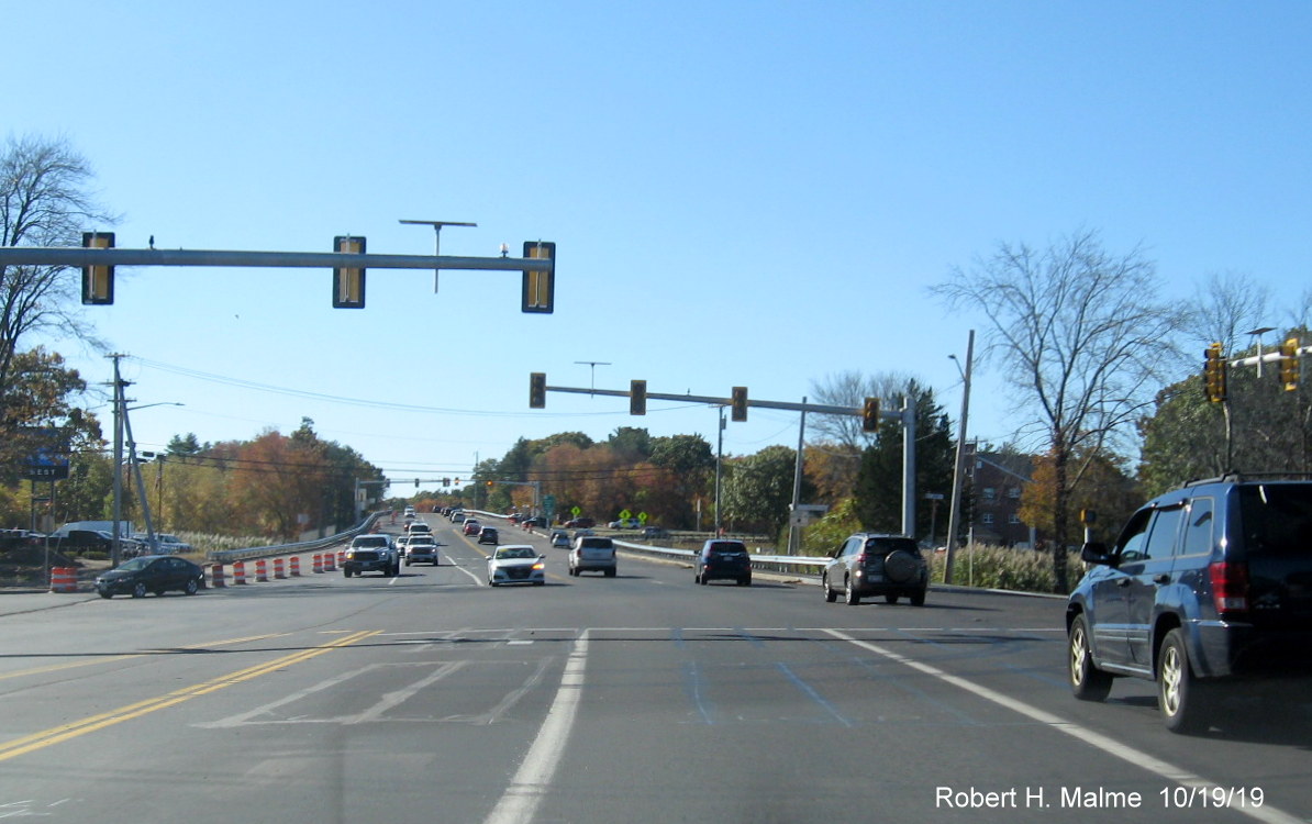 Image looking west on Derby Street toward new traffic signals on flash mode at Old Derby Street intersection in Hingham in Oct. 2019