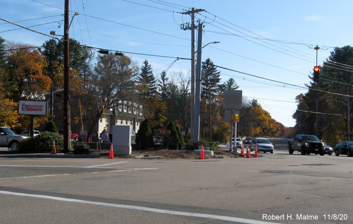 Image of newly placed concrete foundation for new traffic signal gantry at corner of Whiting (MA 53) and Gardner Streets in Hingham, November 2020