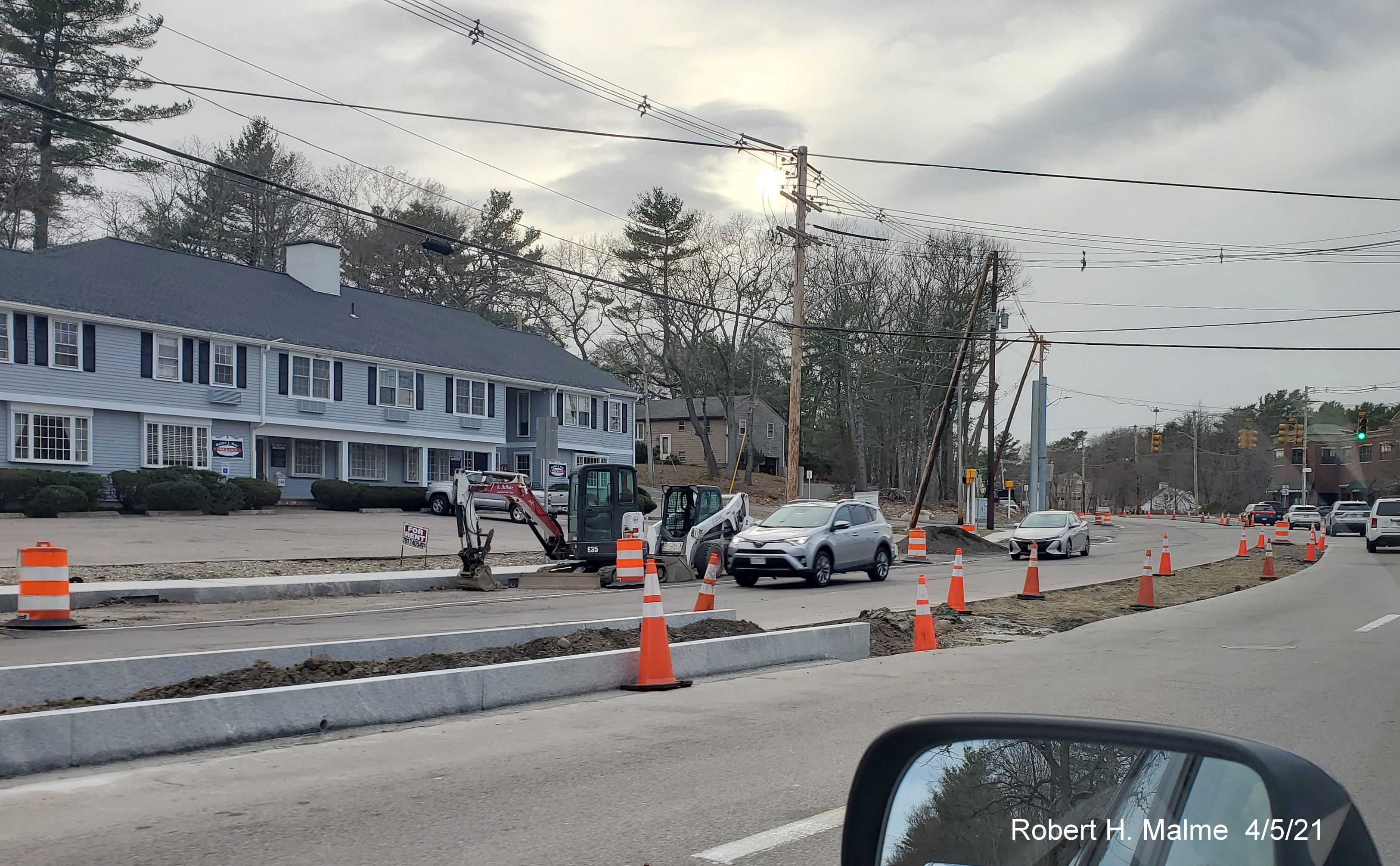 Image of new median being placed along Whiting Street (MA 53) in Derby Street intersection construction zone, April 2021