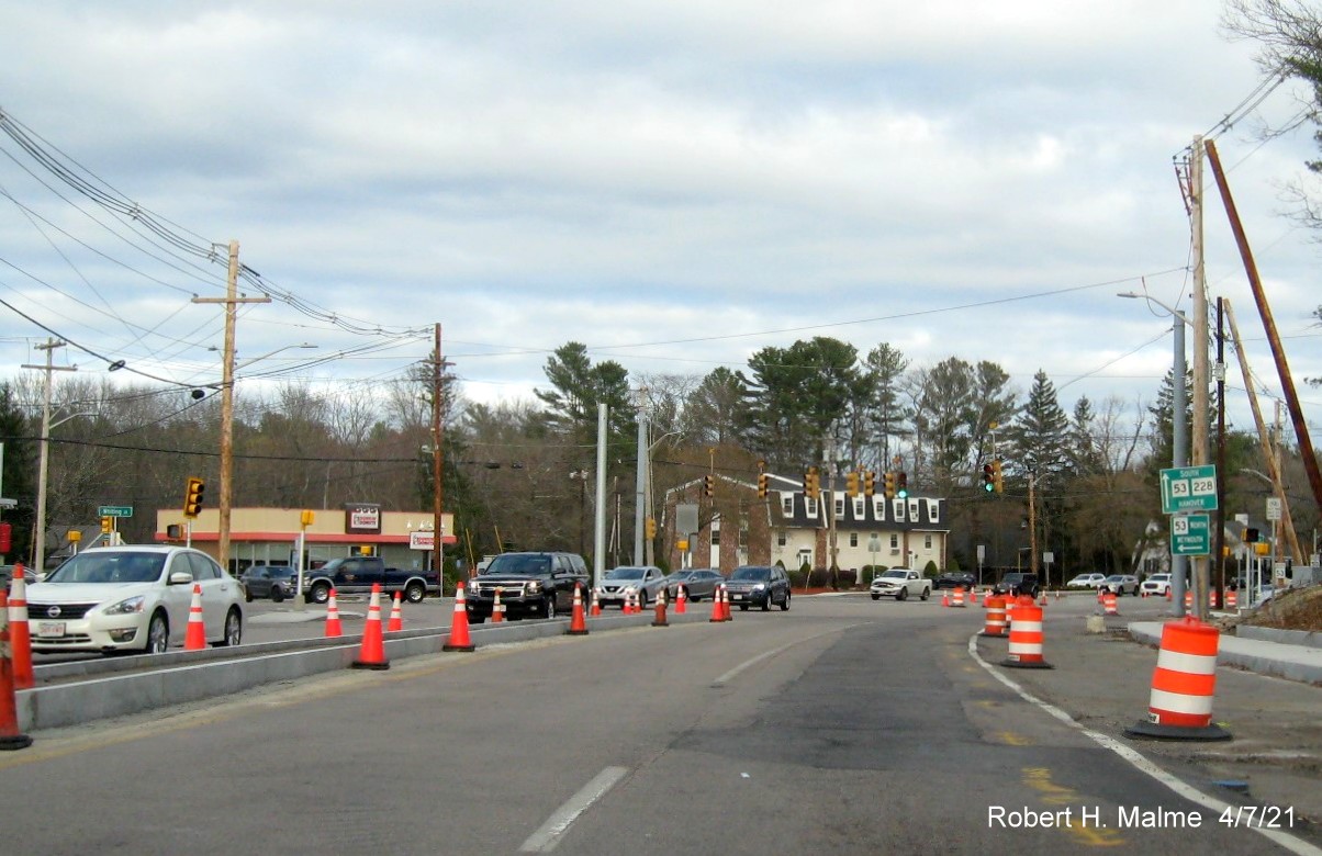 Image of new median construction taking place along Derby Street approaching Whiting Street (MA 53), April 2021