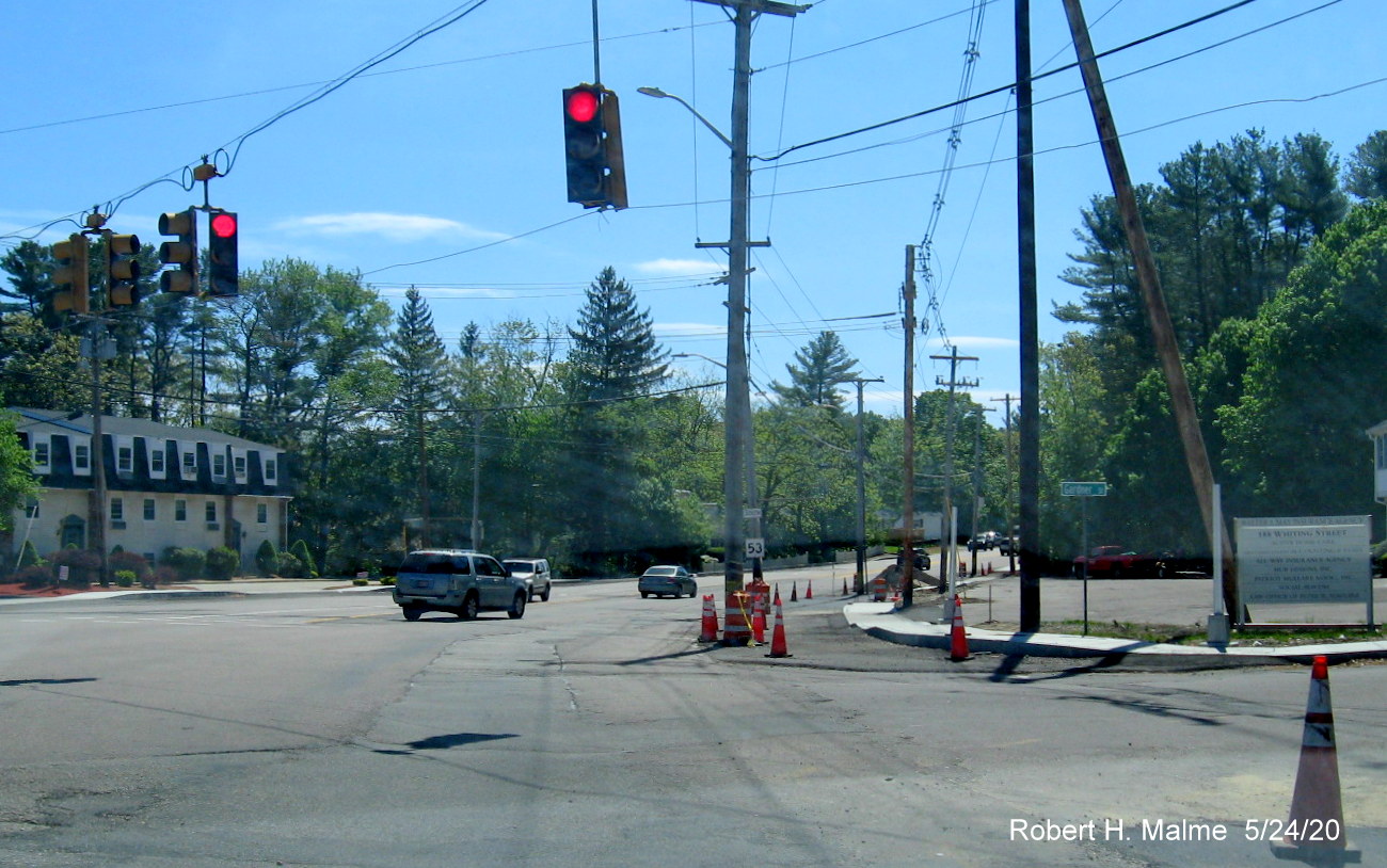 Image of construction ongoing at intersection of Whiting Street (MA 53), Derby Street and Gardner Street in Hingham, May 2020