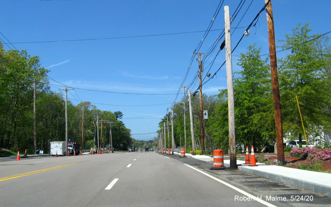 Image of construction work along west lanes of Derby Street in Hingham, May 2020