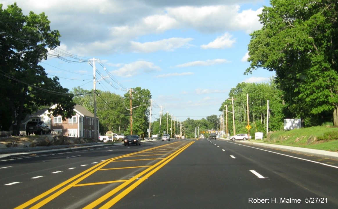 Image of newly repaved Derby Street heading east just beyond the Cushing Street intersection in Hingham, May 2021