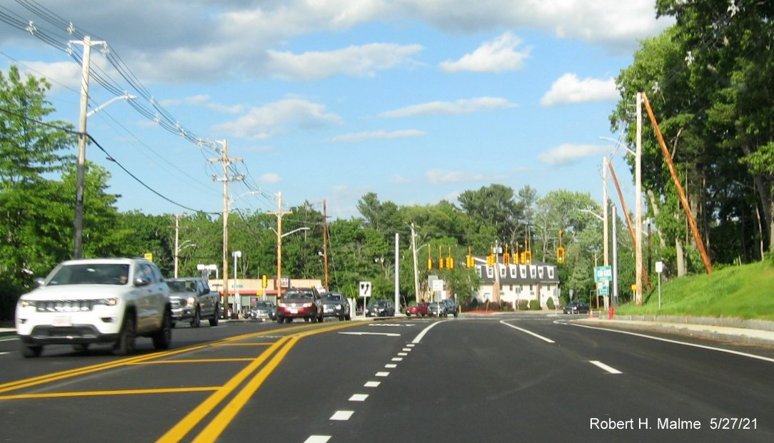 Image of newly repaved Derby Street heading east just prior to the Whiting Street (MA 53) intersection in Hingham, May 2021