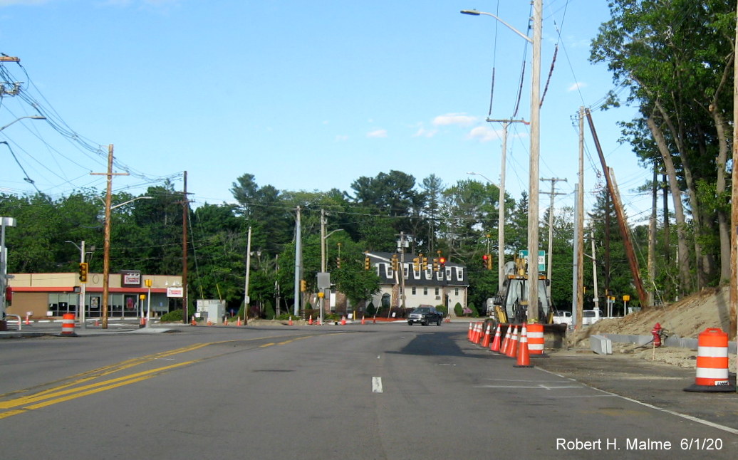 Image of sidewalk construction continuing along south side of Derby Street in Hingham approaching MA 53/Whiting Street in June 2020