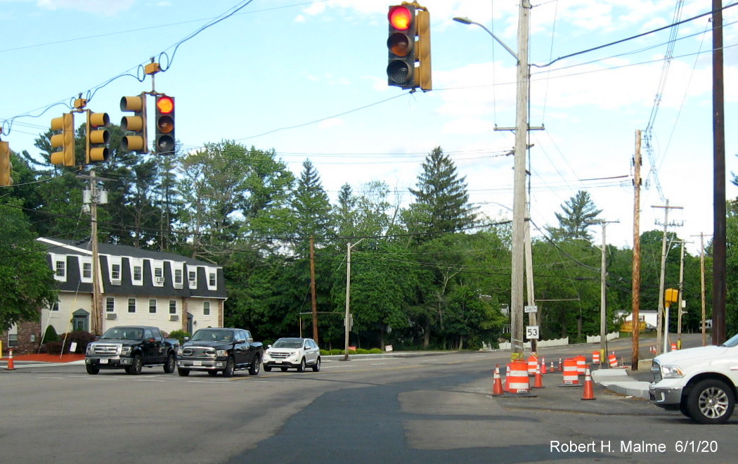 Imaeg of construction progress at intersection of Derby, Whiting (MA 53) and Gardner Streets in Hingham, taken in June 2020