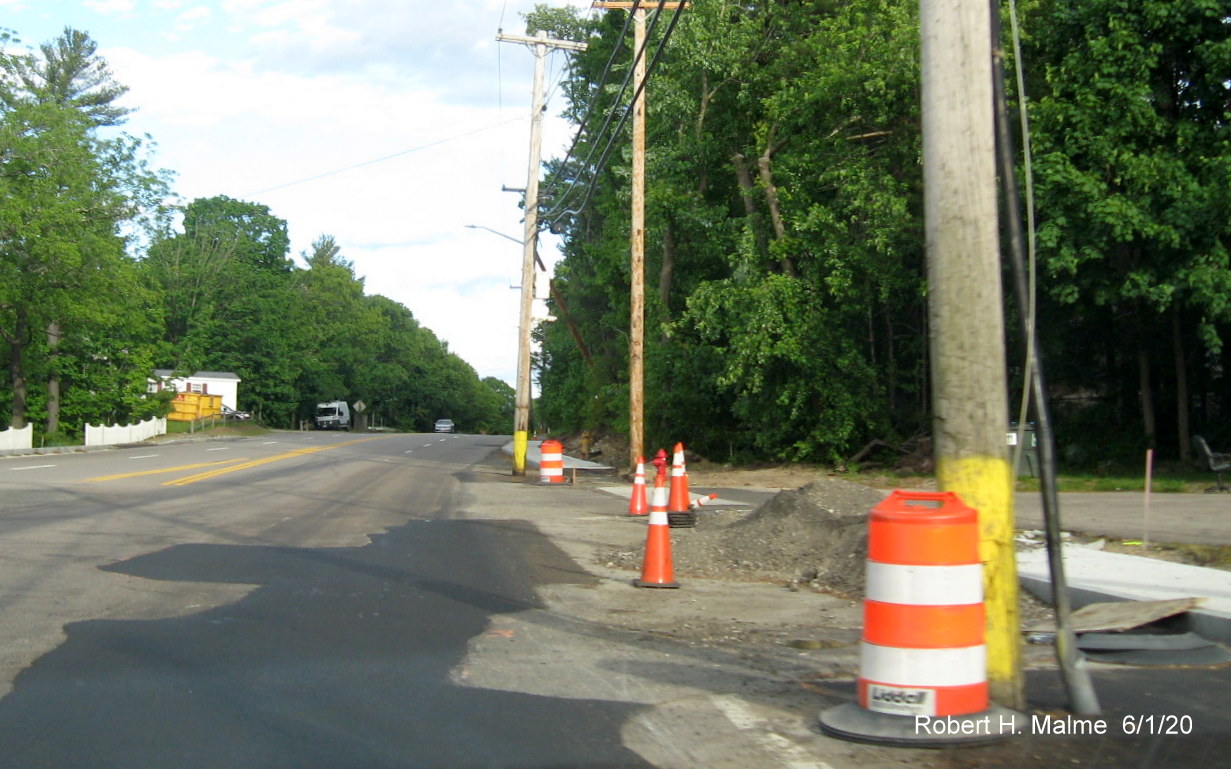 Image of widening construction and sidewalk placement along Whiting Street (Route 53) after Derby/Gardner Street intersection in Hingham as part of intersection improvement project, taken June 2020im