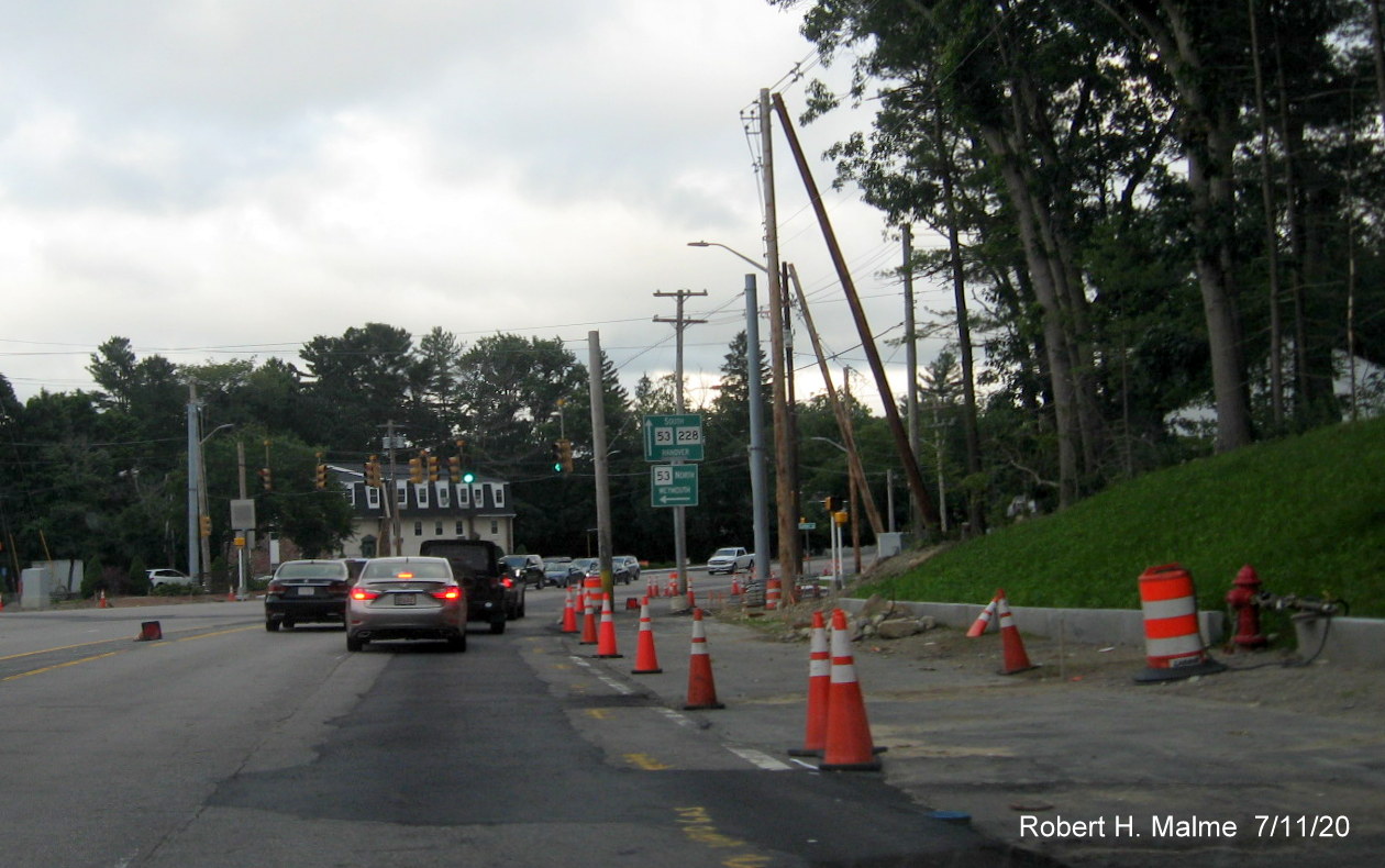 Image of some additional construction needed at Derby Street approaching Whiting Street (MA 53) and Gardner Street intersection in July 2020
