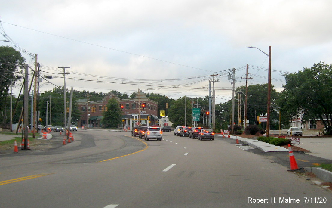 Image of Whiting Street (MA 53) headed north approaching Derby Street intersection still under construction, MA 228 North trailblazer now missing in July 2020