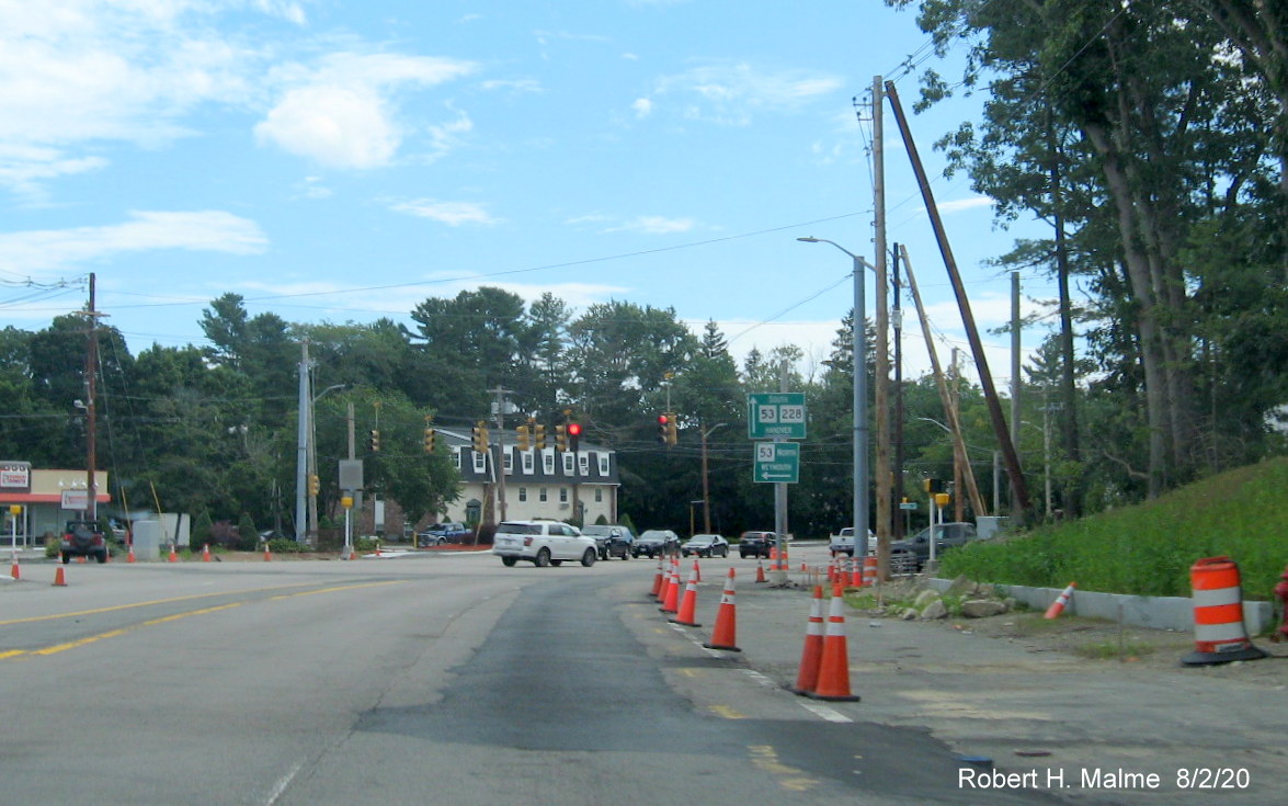 Image of intersection of Derby Street with Whiting Street (MA 53) and Gardner Street in Hingham showing incomplete construction project, August 2020