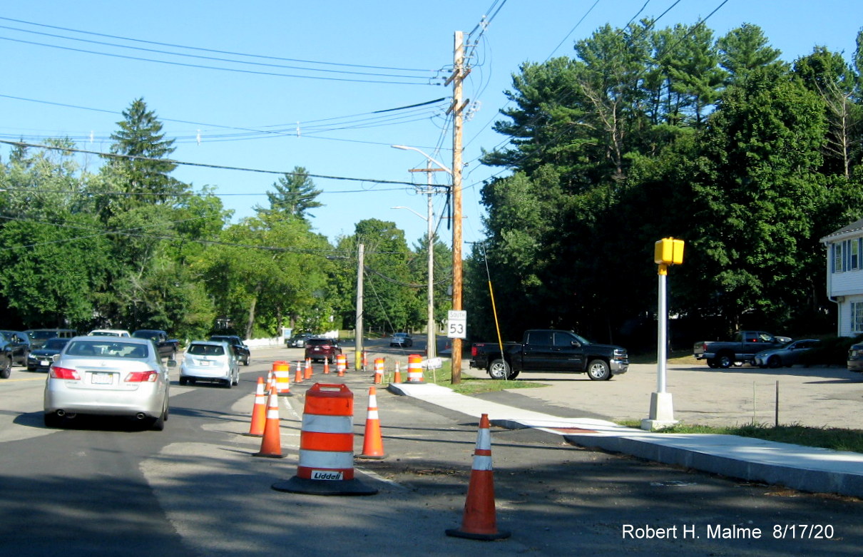 Image of construction progress in improving Derby/Gardner/Whiting (MA 53) Streets intersection in Hingham in August 2020