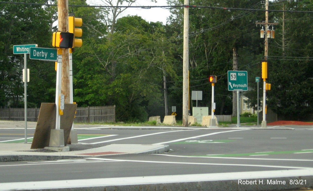 Newly placed paddle style MassDOT guide sign for MA 53 North at intersection of Gardner and Whiting Streets in Hingham, August 2021