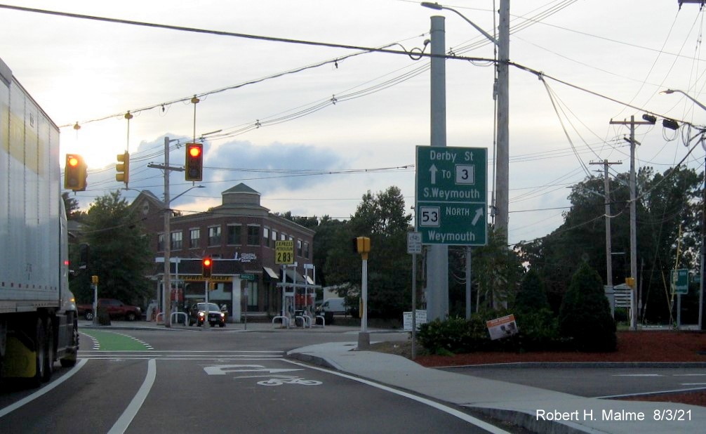 Newly placed new 2 post MassDOT guide sign headed north for intersection of Derby Street and Whiting Street in Hingham, August 2021