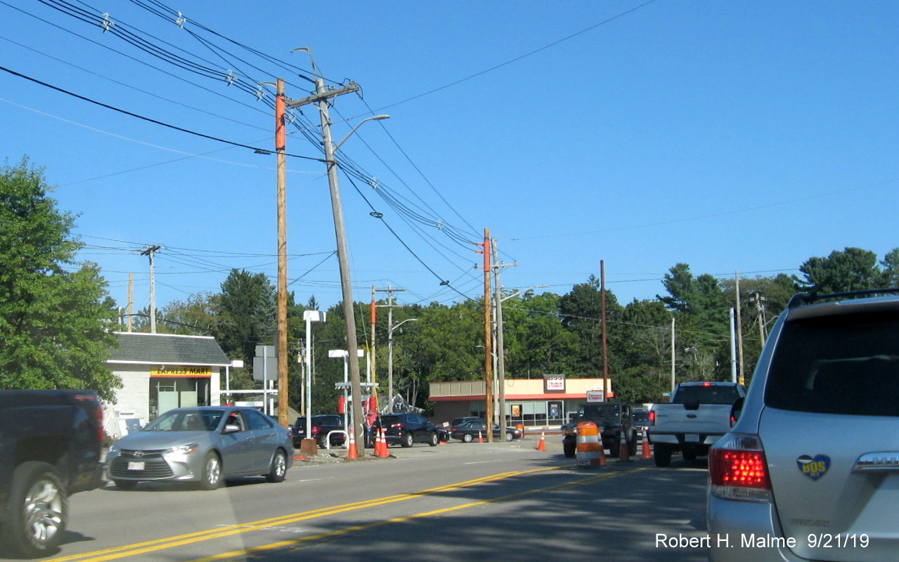 Image showing old utility poles still in place along north side of Derby Street approaching Whiting Street (MA 53)/Gardner Street intersection with Derby Street in Hingham on Sept. 21, 2019