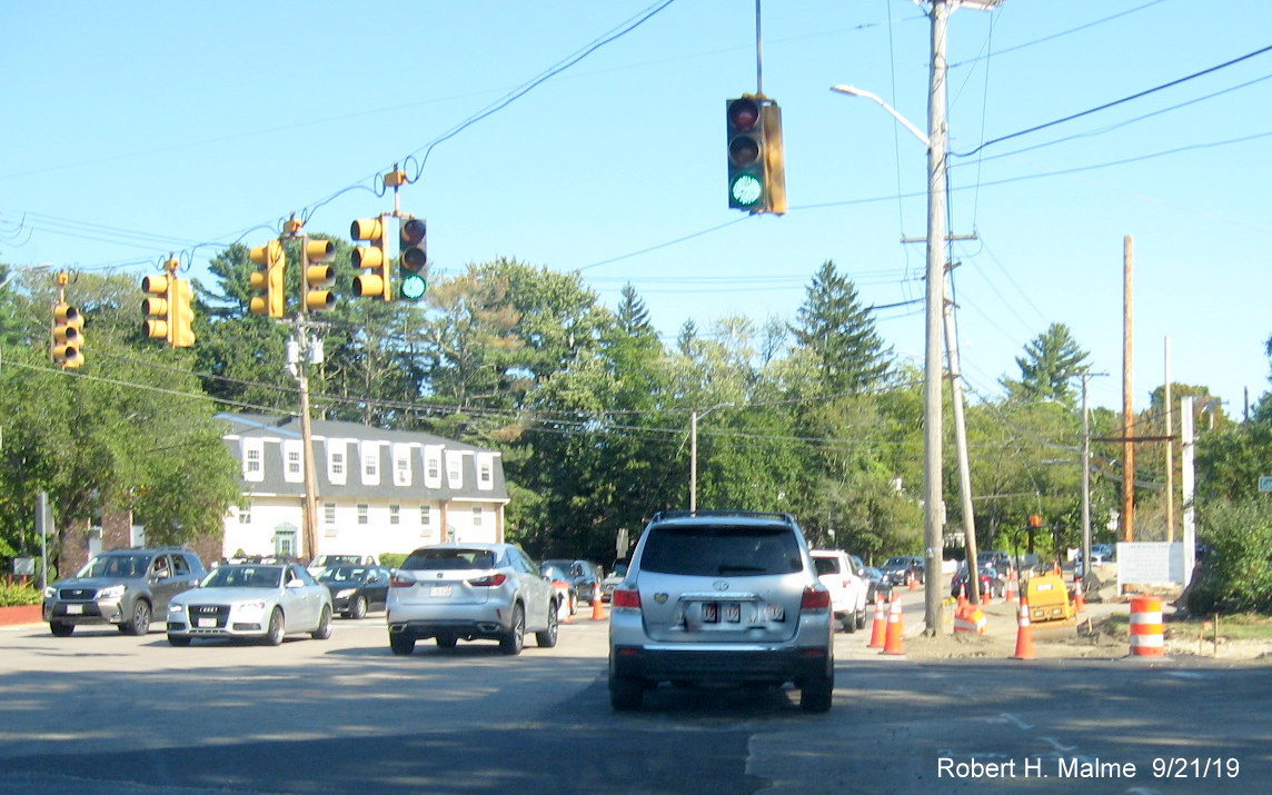 Image of construction work in progress widening and improving the Derby Street intersection with Whiting Street (MA 53) and Gardner Street in Hingham on Sept. 21, 2019