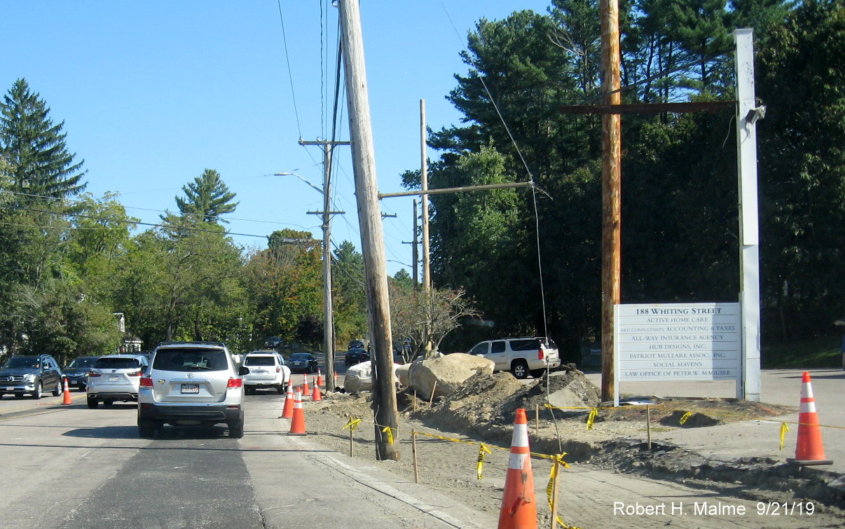 Image of widening construction along Whiting Street (MA 53) in Hingham just after Gardner and Derby Street intersection on Sept. 21, 2019