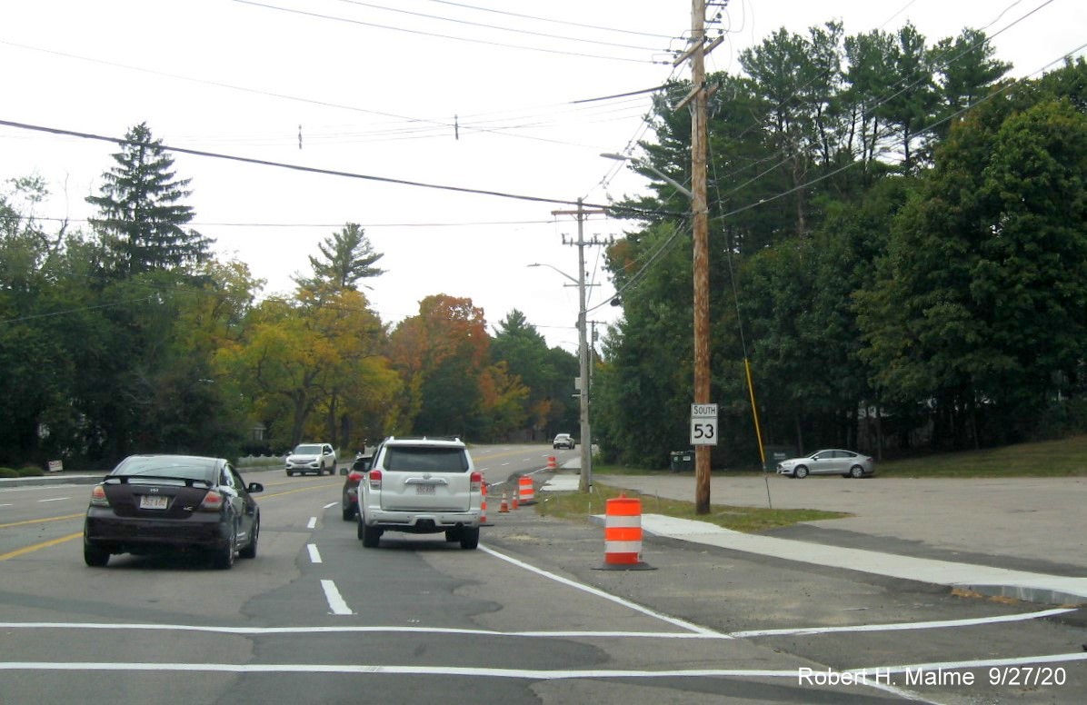 Image of Whiting Street (MA 53) heading south after Derby Street intersection with last utility poles removed from widened roadway right of way, September 2020