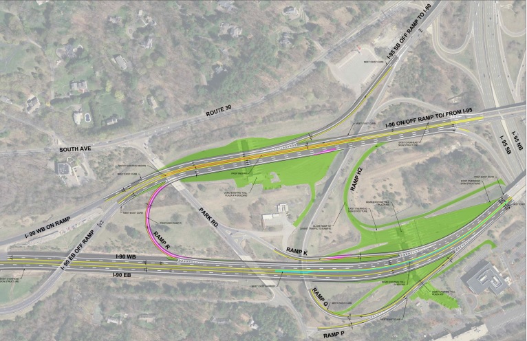Diagram from MassDOT showing preferred alternative for ramps after removal of toll plazas at Exits 14 and 15 on Mass Pike