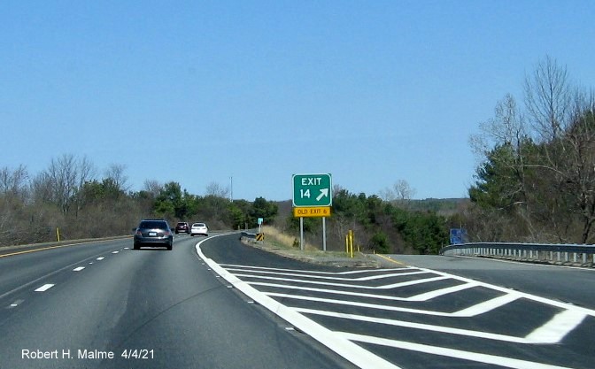 Image of gore sign for MA 12 exit with new milepost based exit number and yellow Old Exit 6 advisory sign attached below on I-190 North in Sterling, April 2021