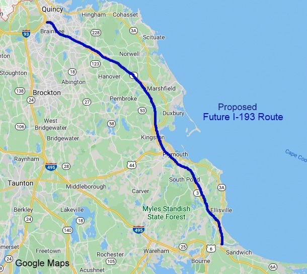 Google Maps image of proposed route for Interstate 193 from Braintree to Bourne, created April 2020
