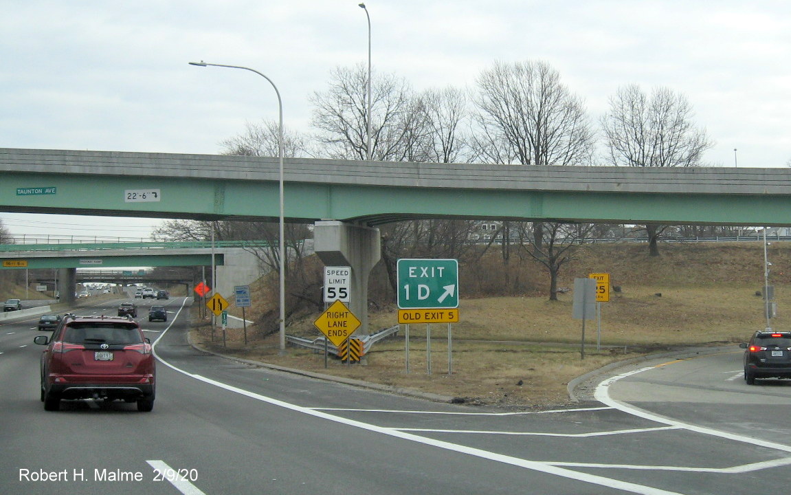 Image of new milepost based exit number gore sign with yellow old exit tab below for RI 103 exit on I-195 East in East Providence