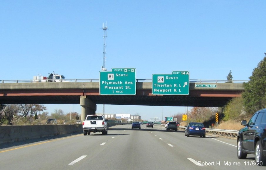 Image of bridge mounted signs at ramp to MA 24 South with new milepost based exit numbers on I-195 West in Fall River, November 2020