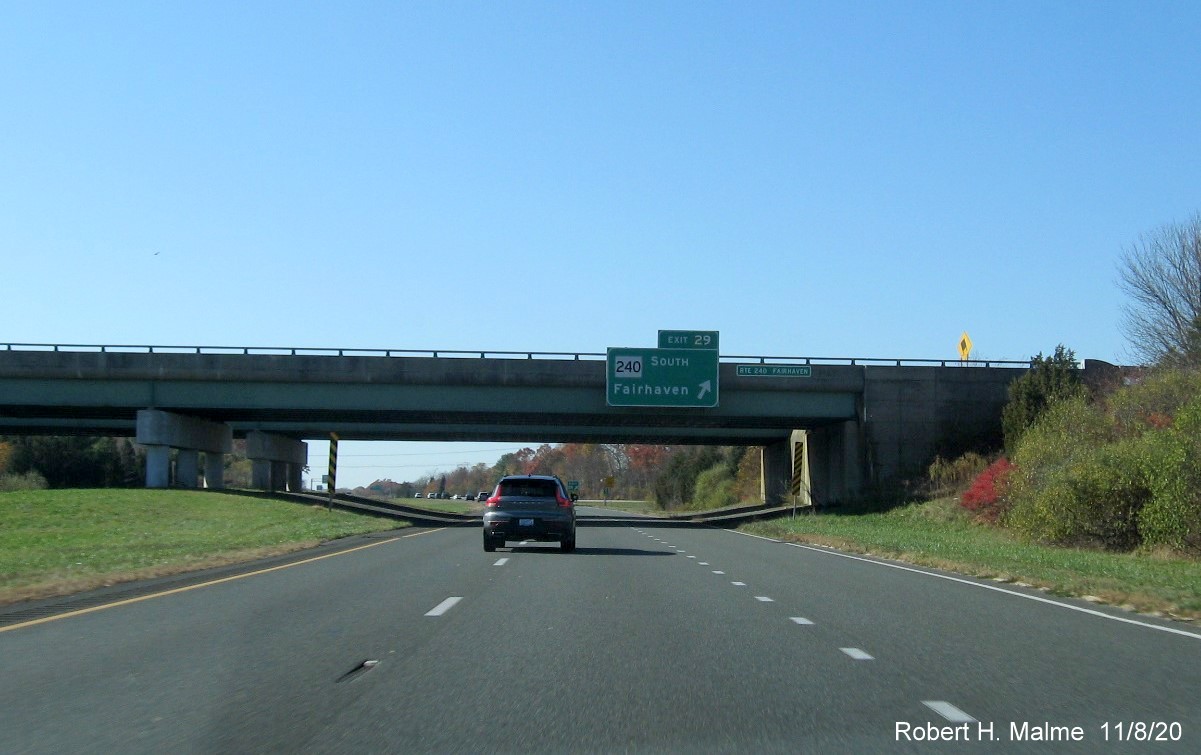 Image of overhead ramp sign at MA 240 South exit with new milepost based exit number on I-195 West in Fairhaven, November 2020