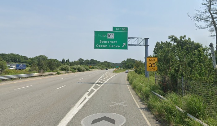 Google Maps Street View image of overhead ramp sign for To MA 103 exit with new milepost based exit number on I-195 East in Somerset, July 2021