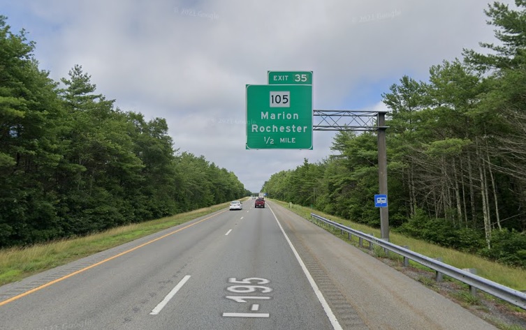 Google Maps Street View image of 1/2 Mile Advance sign for MA 105 exit with new milepost based exit number on I-195 East in Marion, July 2021