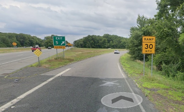 Google Maps Street View image of gore sign for MA 136 exit with new milepost based exit number and yellow Old Exit 2 sign attached below on I-195 East in Somerset, July 2021