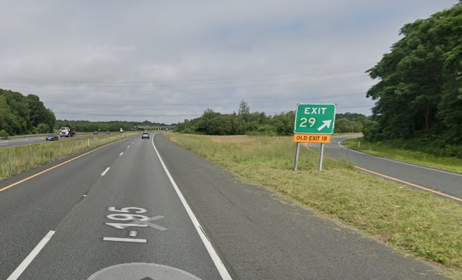 Google Maps Street View image of gore sign for MA 240 South exit with new milepost based exit number on I-195 East in Fairhaven, July 2021