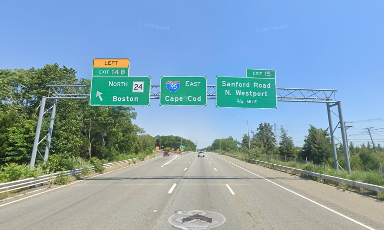 Google Maps Street View image of overhead ramp sign for MA 24 North exit with new milepost based exit number on I-195 East in Fall River, July 2021