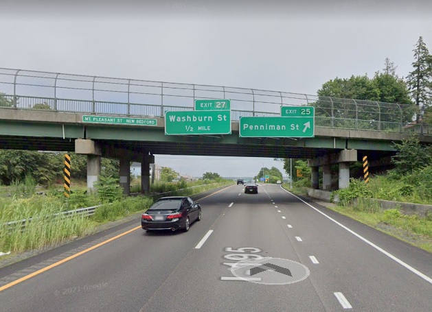 Google Street View Image of overhead ramp sign for Penniman Street exit with new milepost based exit number on I-195 East in New Bedford, July 2021