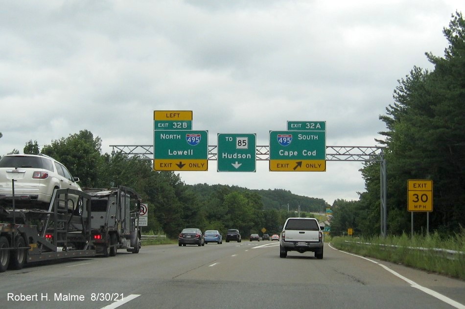Image of overhead ramp signage for I-495 and Hudson Connector exits with new I-395 milepost based exit numbers on 
                                        I-290 in Marlborough, August 2021