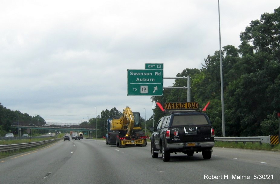 Image of overhead ramp sign for Swanson Road exit with new I-395 milepost exit number on I-290 East in Auburn, August 2021