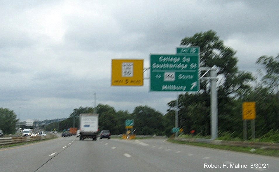 Image of overhead ramp sign for Southbridge Street exit with new I-395 milepost based exit number on I-290 East in Worcester, August 2021
