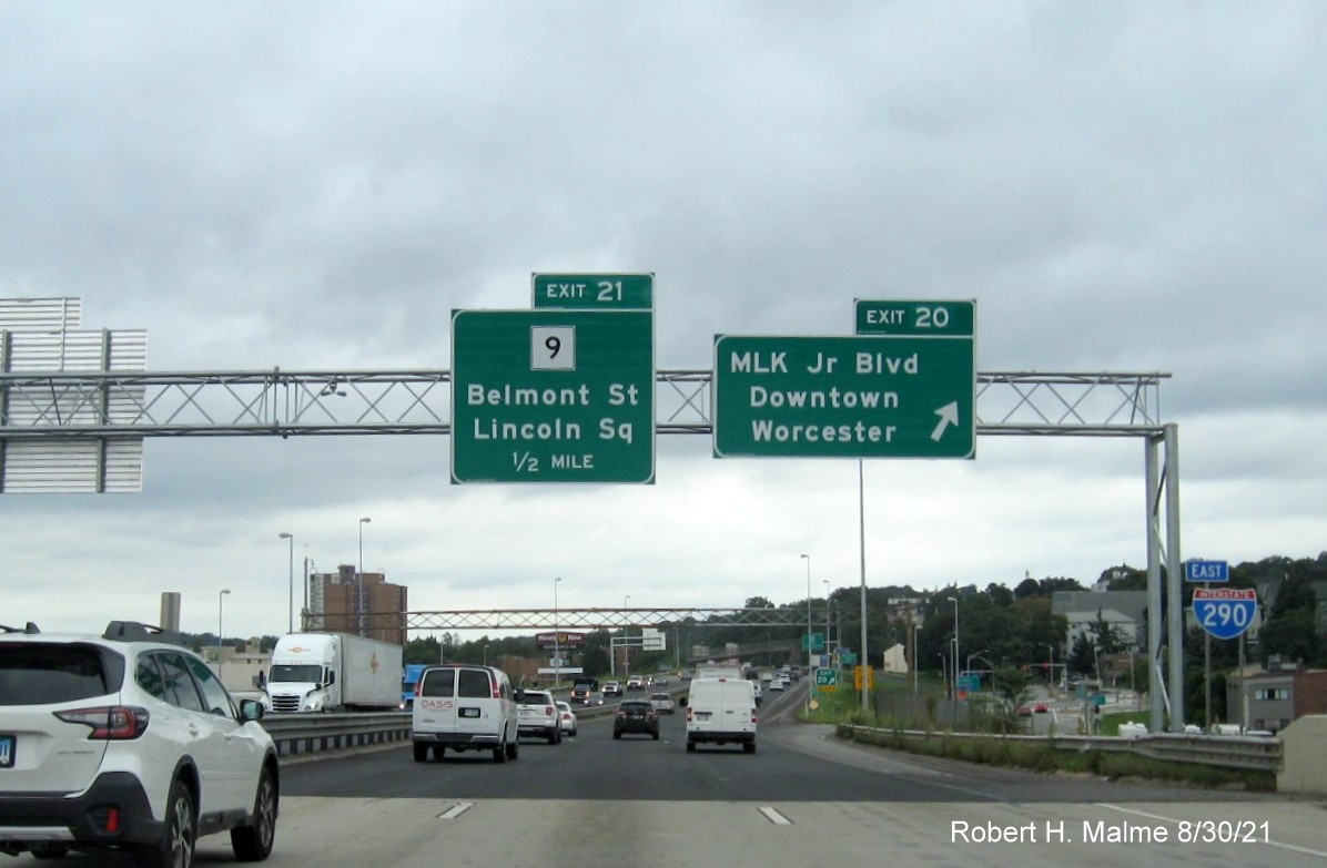 Image of overhead ramp sign for MLK Blvd exit with new I-395 milepost based exit number on I-290 East in Worcester, August 2021 