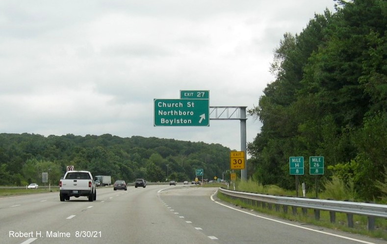 Image of overhead ramp sign for Church Street exit with new I-395 milepost based exit number on I-290 East in Boylston, August 2021
