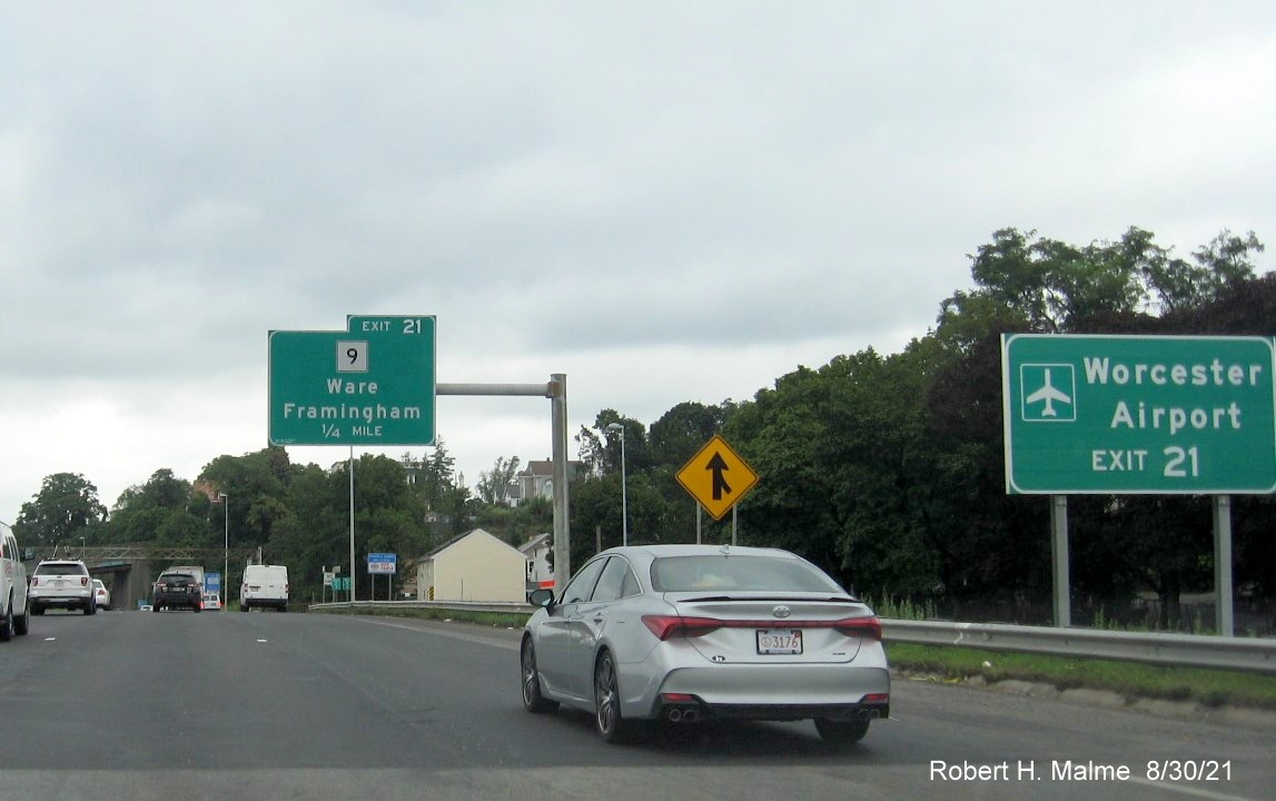Image of 1/2 mile advance overhead sign for MA 9 exit with new I-395 milepost based exit number on I-290 East in Worcester, August 2021 