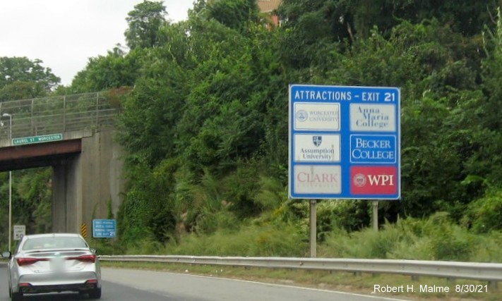 Image of blue Attractions services sign for MA 9 exit with new I-395 milepost based exit number on I-290 East in Worcester, August 2021 