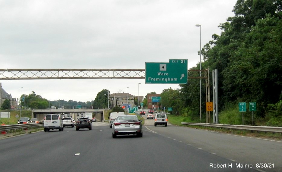 Image of overhead ramp sign for MA 9 exit with new I-395 milepost based exit number on I-290 East in Worcester, August 2021 