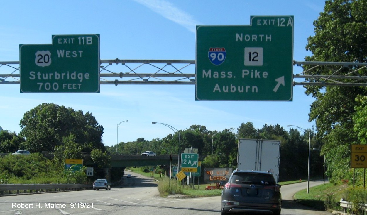 Image of overhead ramp sign for To I-90/Mass Pike exit with new milepost based exit number on I-290 West in Auburn, September 2021