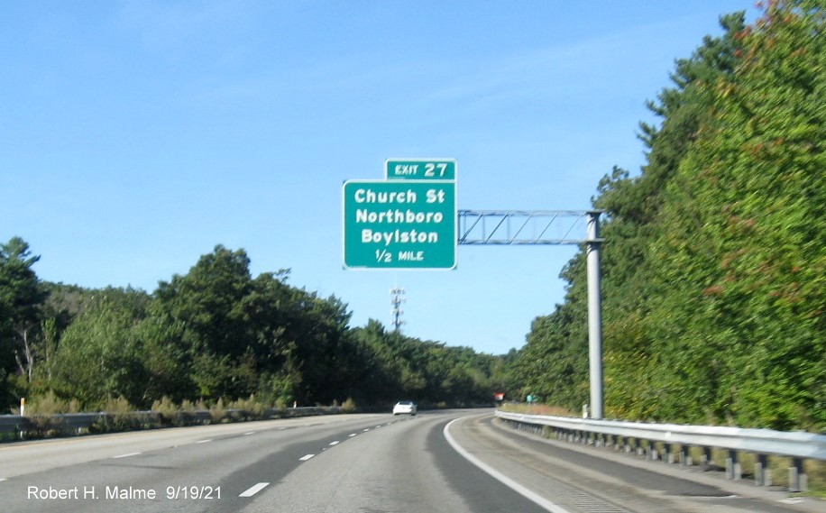 Image of 1/2 mile advance overhead sign with new milepost based exit number for Church Street exit on I-290 West in Northborough, September 2021
