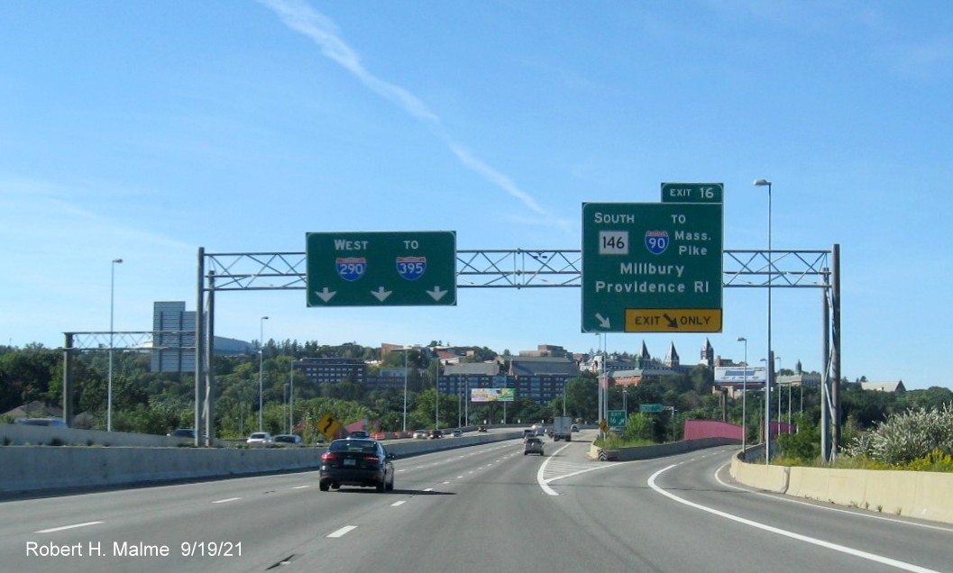 Image of overhead signage at ramp for MA 146 South exit with new milepost based exit number on I-290 West in Worcester, September 2021