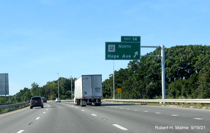 Image of new overhead ramp sign for MA 12 North eixt with new milepost based exit number on I-290 West in Worcester, September 2021